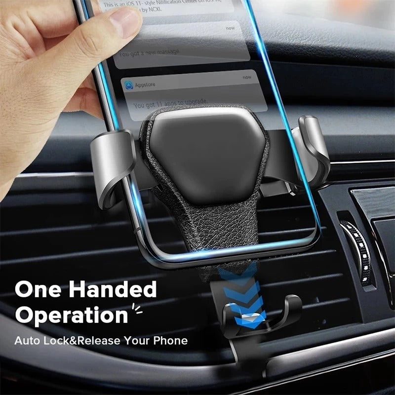 Universal Gravity Auto Phone Holder - Air Vent Clip Mount for iPhone 14, Xiaomi, and All 4.7-6.5 Inch Smartphones