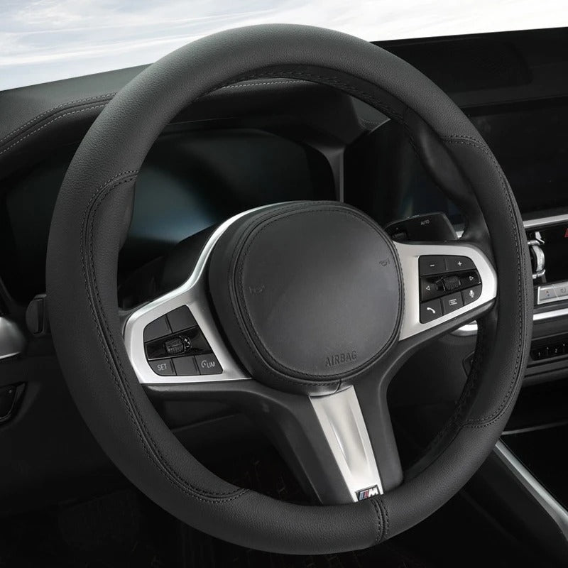 Color-Blocked PU Leather Steering Wheel Cover – Universal 14.5–15 Inch Breathable Non-Slip Grip - Delicate Leather