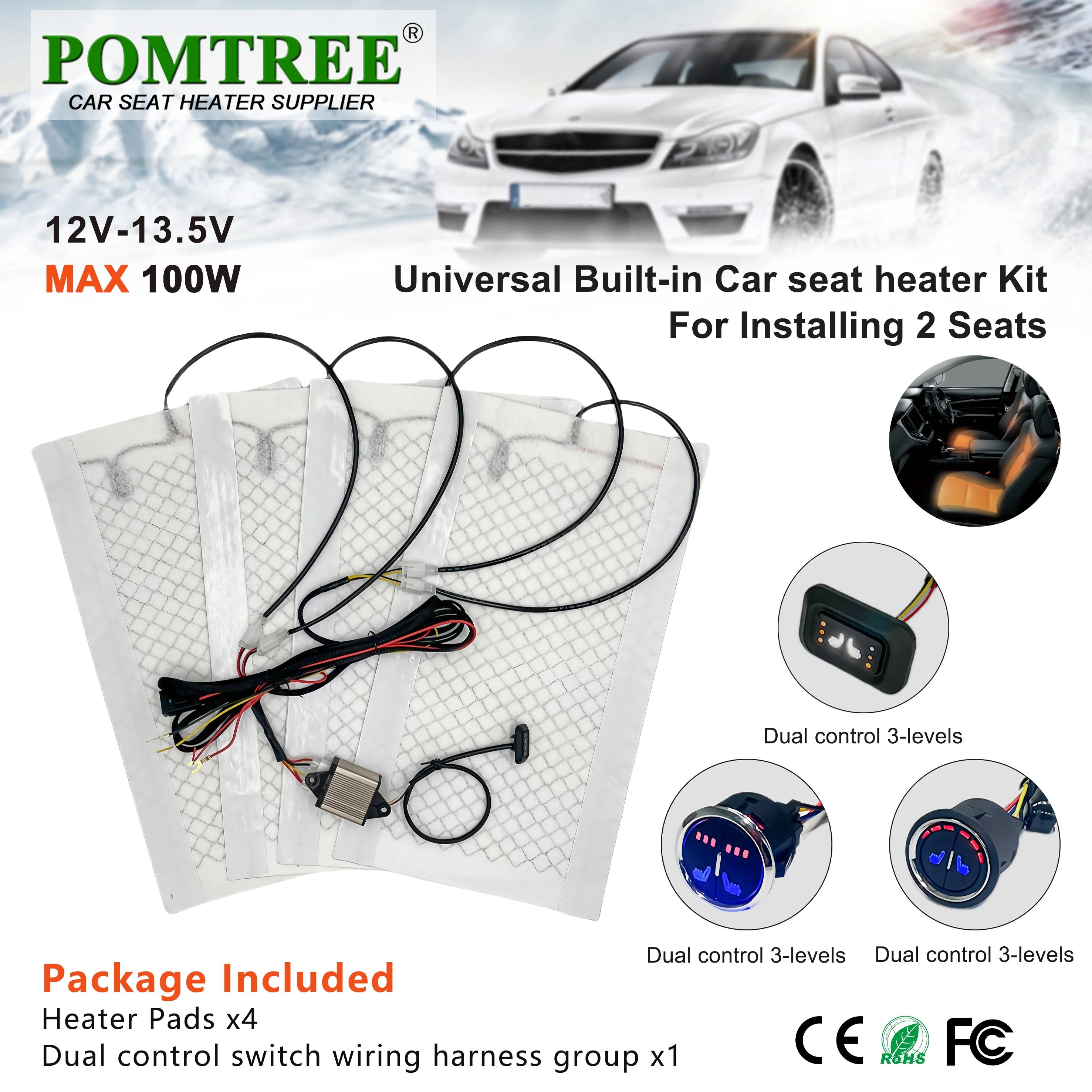 12V 25W Universal Car Seat Heater Kit for 2 Seats – Carbon Fiber Heating Pads with Dual Control & Memory Mode - Delicate Leather
