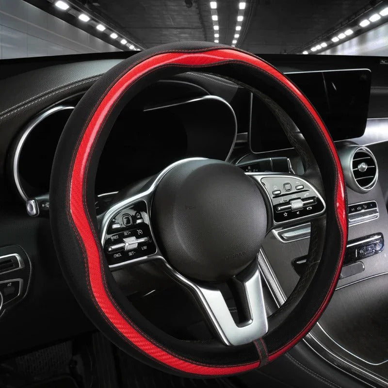 PU Leather and Carbon Fiber Steering Wheel Cover – Non-Slip Grip, Universal Fit 38 cm, All-Season Car Interior Accessory - Delicate Leather  