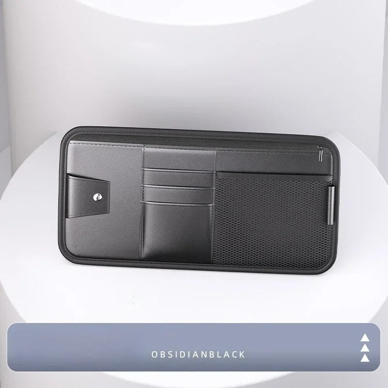 PU Leather Car Sun Visor Organizer – Multi-Pocket Storage Bag for Cards & Sunglasses - Delicate Leather  