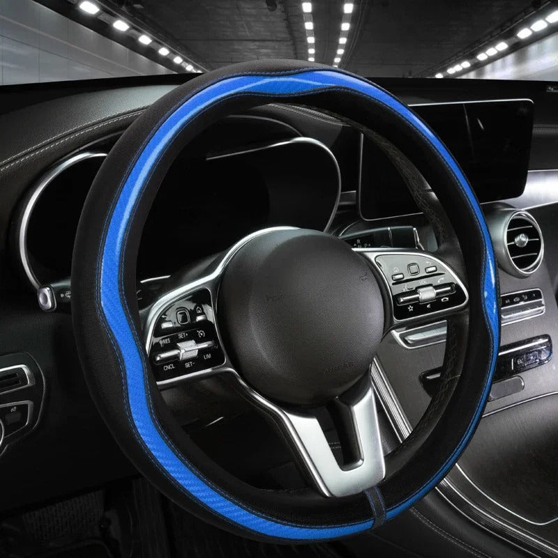PU Leather and Carbon Fiber Steering Wheel Cover – Non-Slip Grip, Universal Fit 38 cm, All-Season Car Interior Accessory - Delicate Leather  