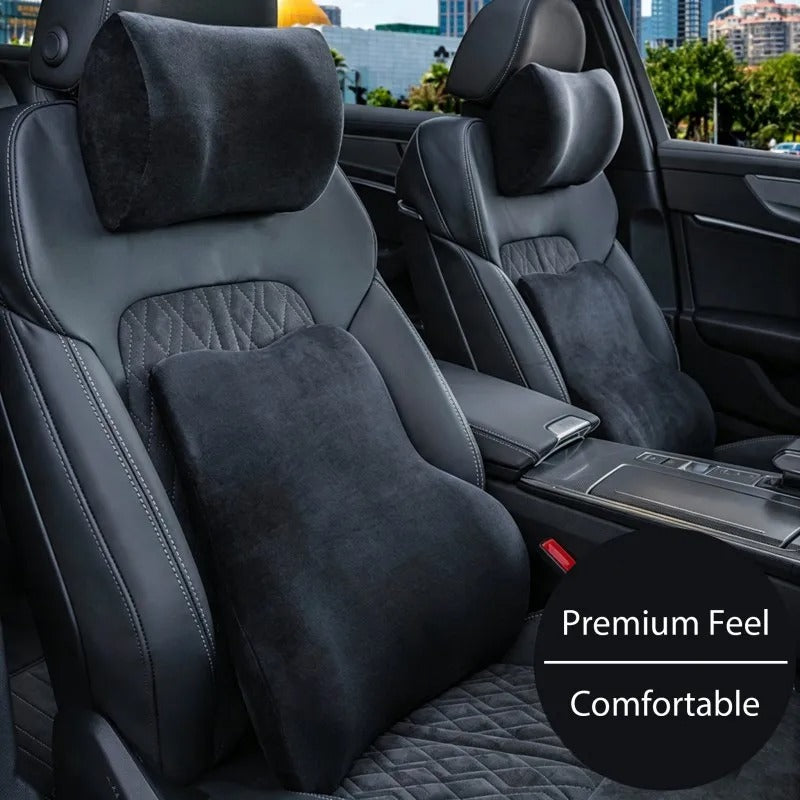 Suede Memory Foam Car Neck & Lumbar Support Pillow Set – Breathable Headrest Waist Cushion for Car Seats - Delicate Leather