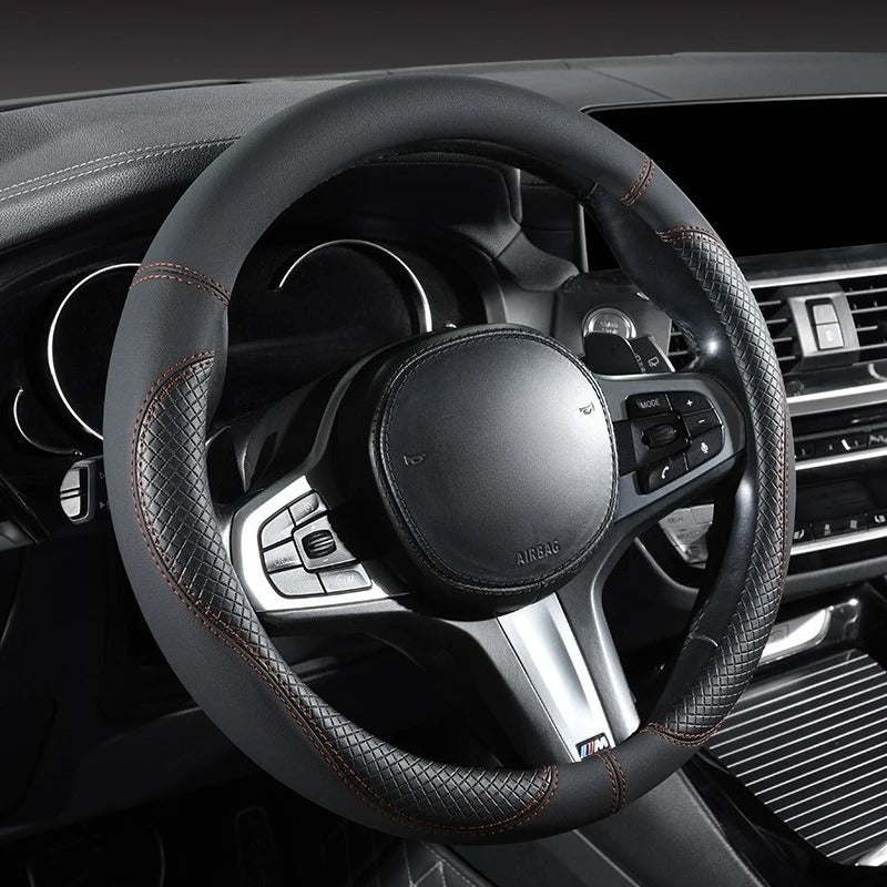 Premium Leather Steering Wheel Cover – 3D Diamond Embossed Anti-Slip Universal 37–38cm Fit - Delicate Leather