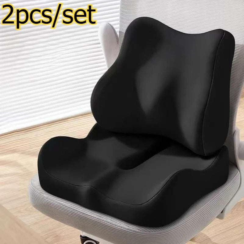 Memory Foam Seat Cushion & Back Pillow Set – 2-Piece Comfort Set for Office Chair & Car - Delicate Leather