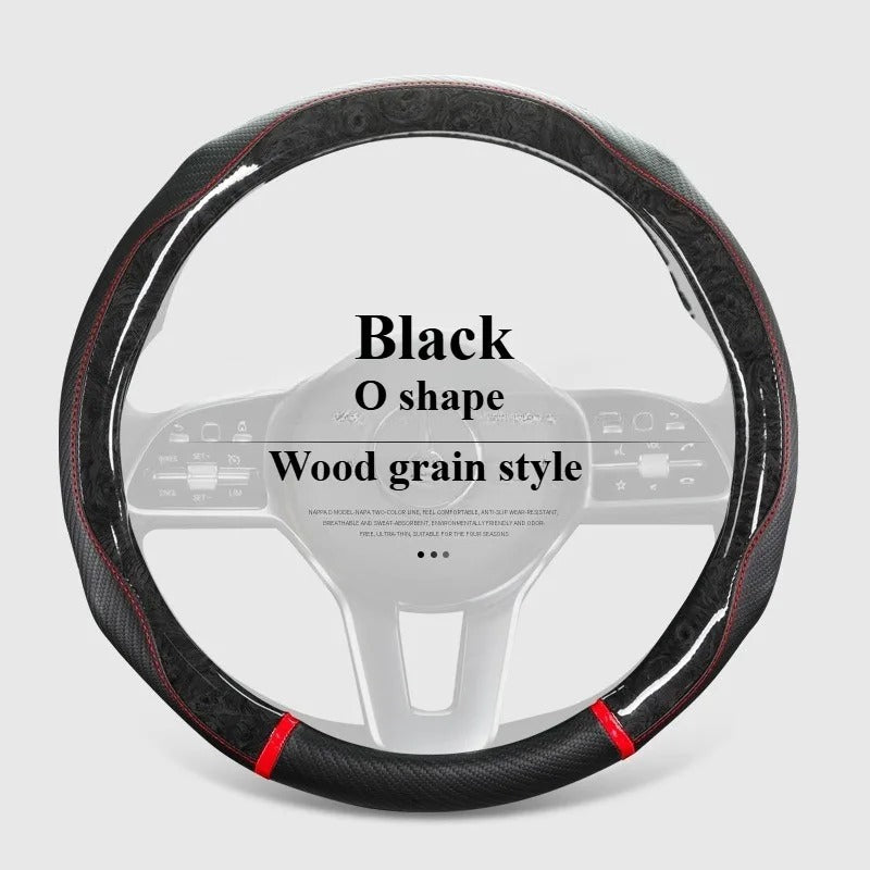 Wood Grain Leather Steering Wheel Cover – Universal 38CM Anti-Slip O/D Shape Grip - Delicate Leather