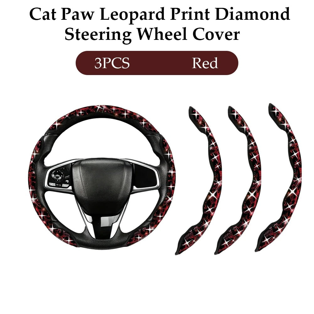 Leopard Print Diamond Steering Wheel Cover – Luxury Sparkling Universal Interior Accessory - Delicate Leather  