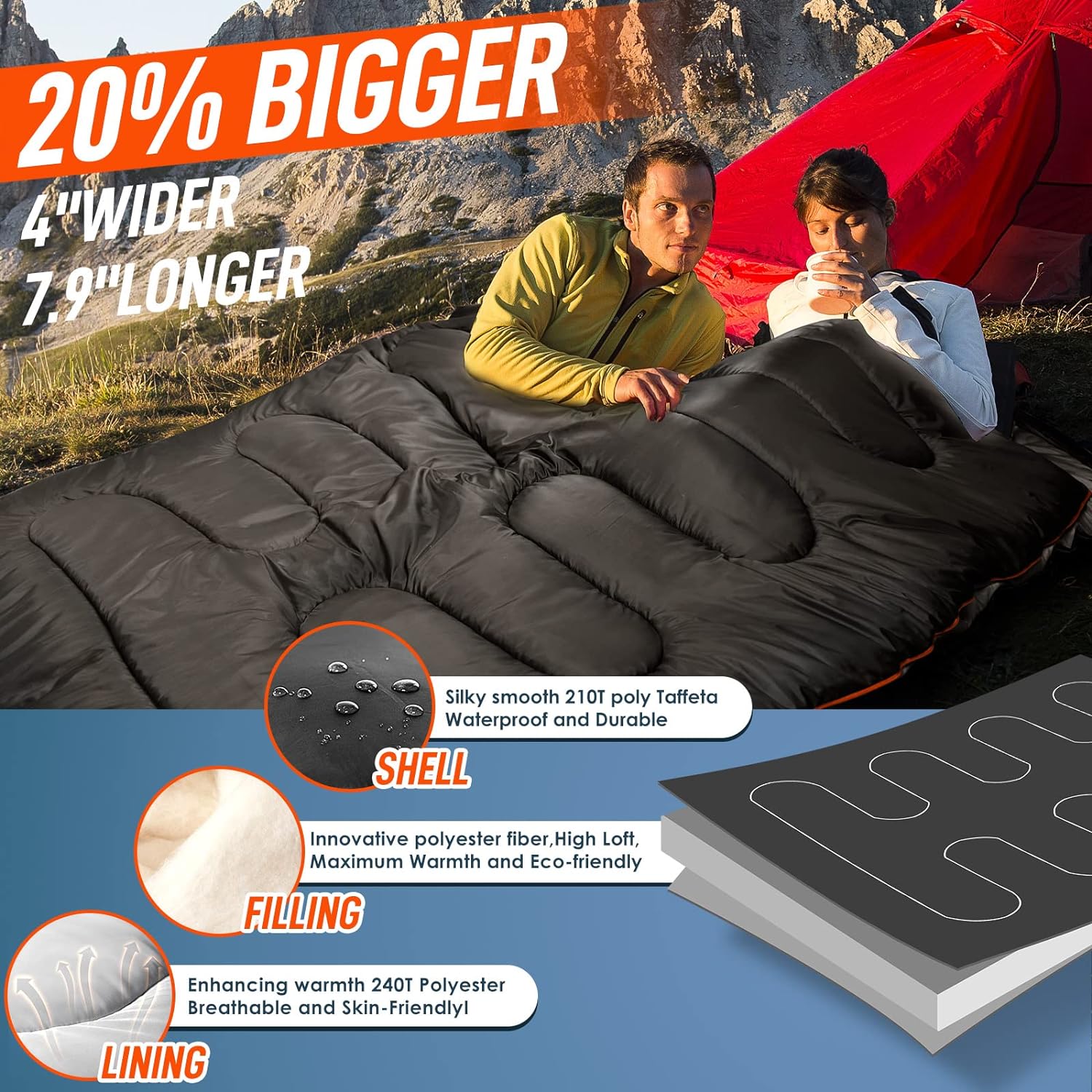 Double Sleeping Bag for Adults with Pillow, Two Person Sleeping Bag for All Season Camping, Backpacking, or Hiking for Adults or Teens Queen Size XL - Delicate Leather