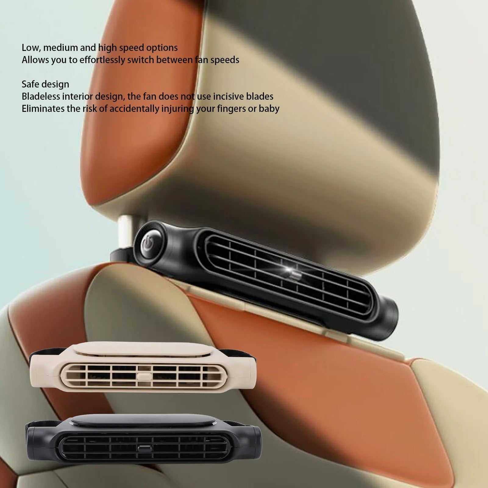 USB Bladeless Car Cooling Fan – Adjustable Speed, Low Noise, Seat Headrest Mount for Rear Seat Ventilation - Delicate Leather  