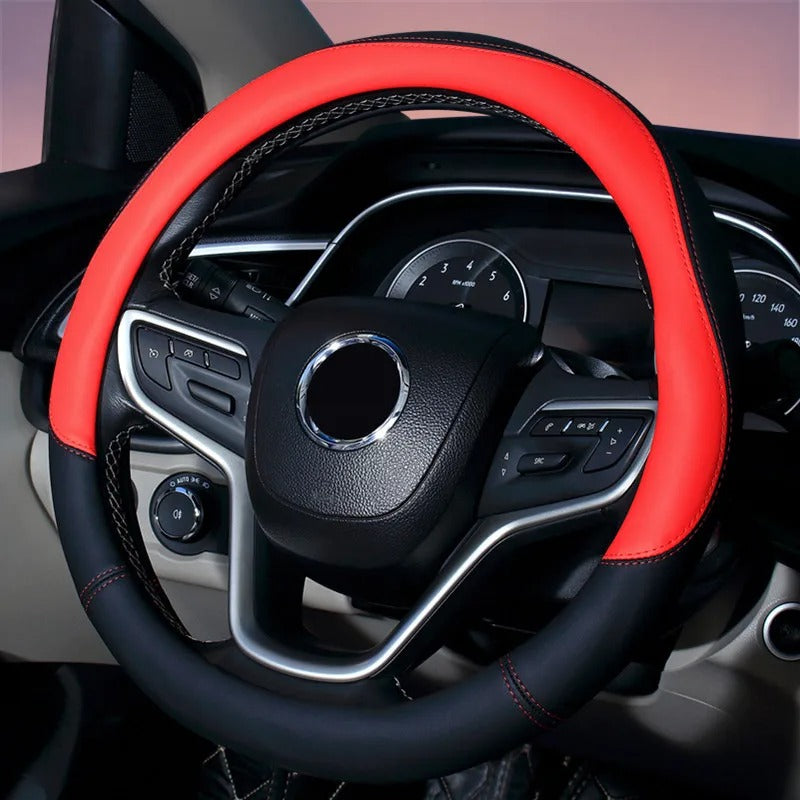 Color Splicing Leather Steering Wheel Cover – Universal 38CM Non-Slip All-Season Grip - Delicate Leather
