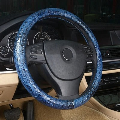 Leather Steering Wheel Cover with Carved Pattern – Non-Slip Grip, Universal Fit 37-38 cm, All-Season Design - Delicate Leather  