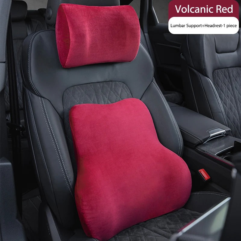 Suede Memory Foam Car Neck & Lumbar Support Pillow Set – Breathable Headrest Waist Cushion for Car Seats - Delicate Leather