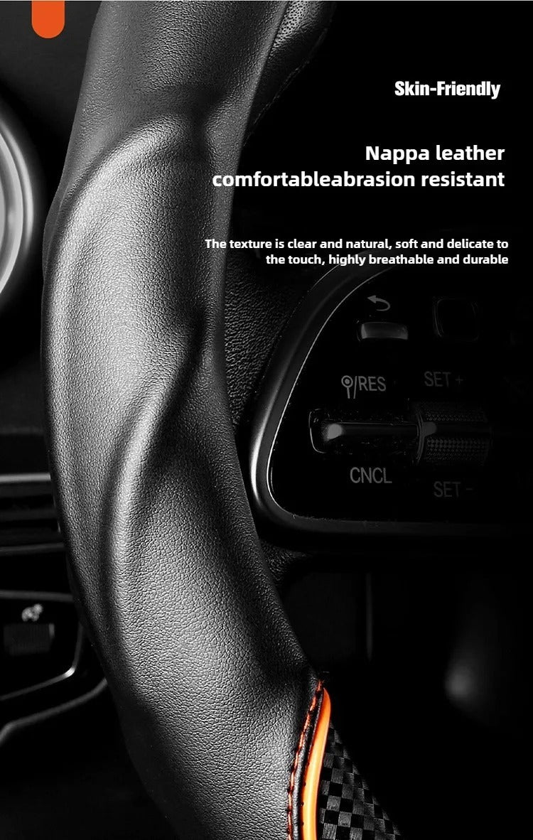 Nappa Leather Steering Wheel Cover with Carbon Fiber Pattern – Universal Fit 38cm, Non-Slip, All-Season Design - Delicate Leather  