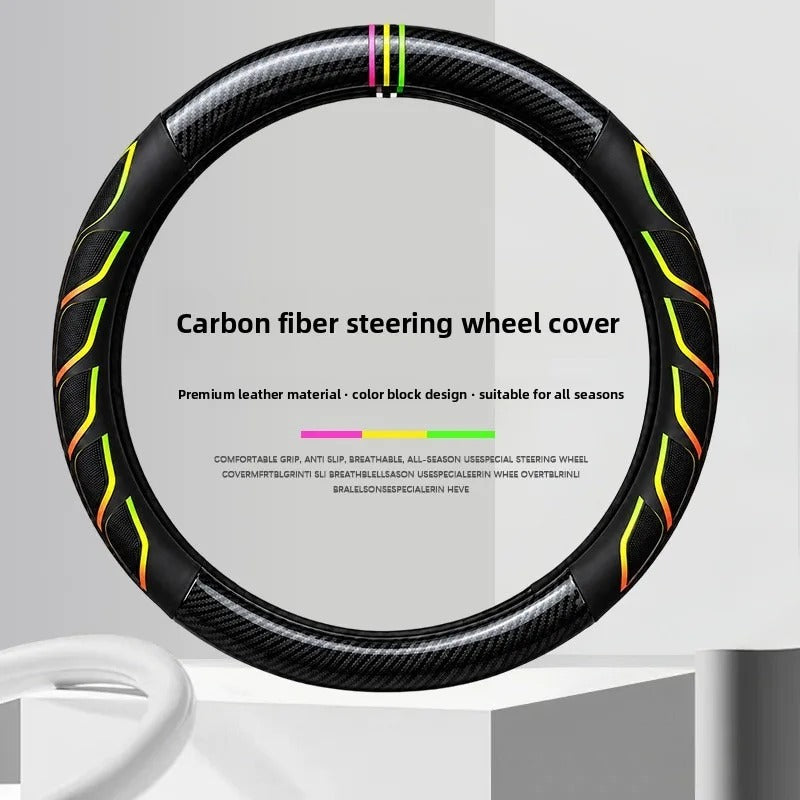 Carbon Fiber & Nappa Leather Steering Wheel Cover – Universal 38cm O/D Shape Anti-Slip Grip - Delicate Leather