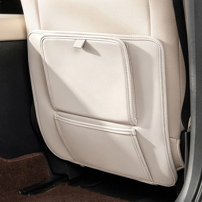 PU Leather Car Seat Back Protector – Anti-Kick Mat with Dual Storage Pockets