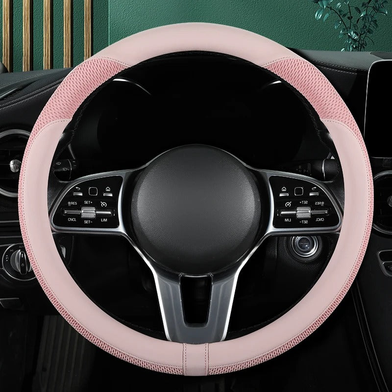 Premium Leather & Ice Silk Steering Wheel Cover – Breathable Mesh, Stitched Design, Universal 14.5–15 Inch, All Seasons - Delicate Leather  