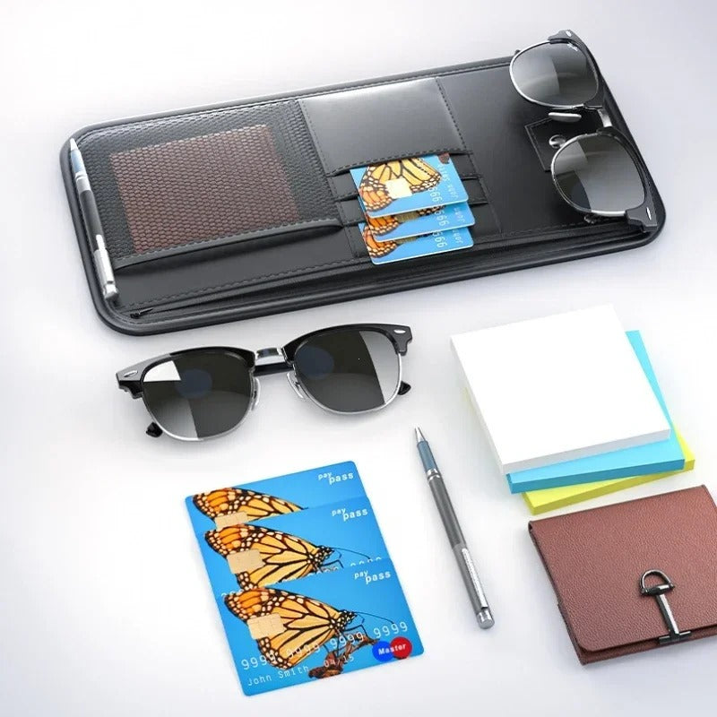 PU Leather Car Sun Visor Organizer – Multi-Pocket Storage Bag for Cards & Sunglasses - Delicate Leather  