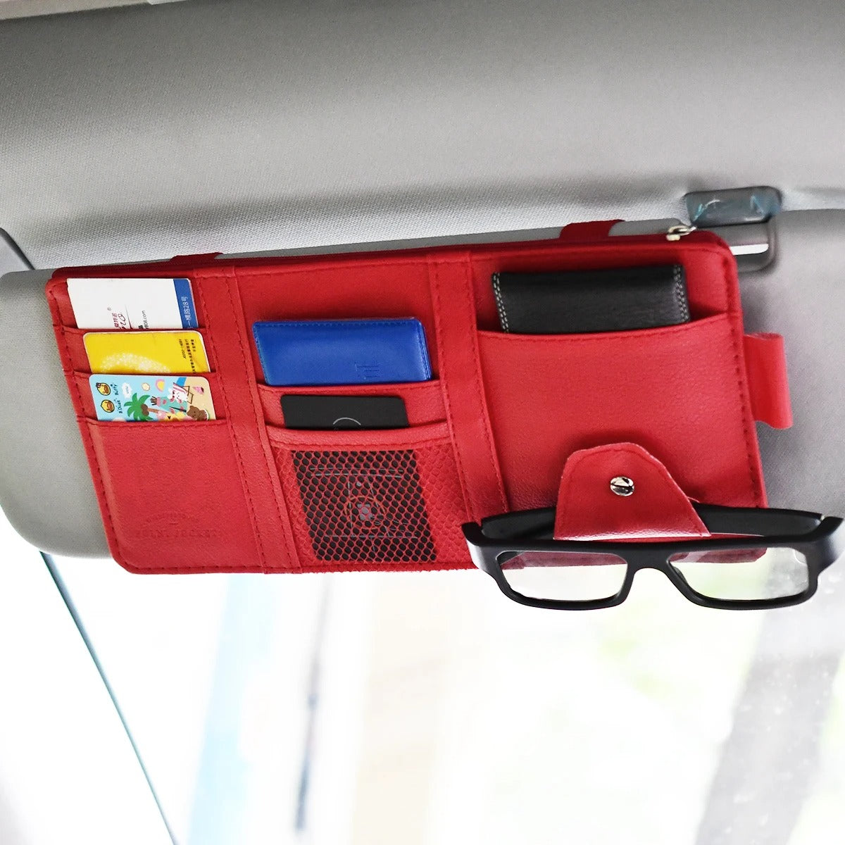 Car Glasses Storage PU Leather Multi-Function Sun Visor Organizer