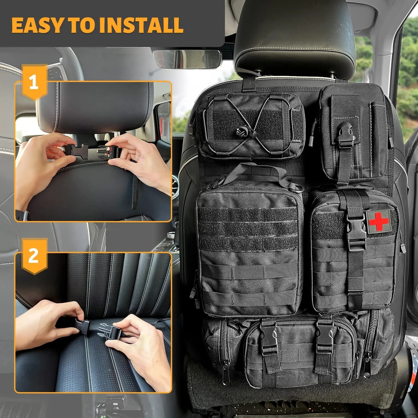 Tactical Car Seat Back Organizer with 5 Detachable Pouches