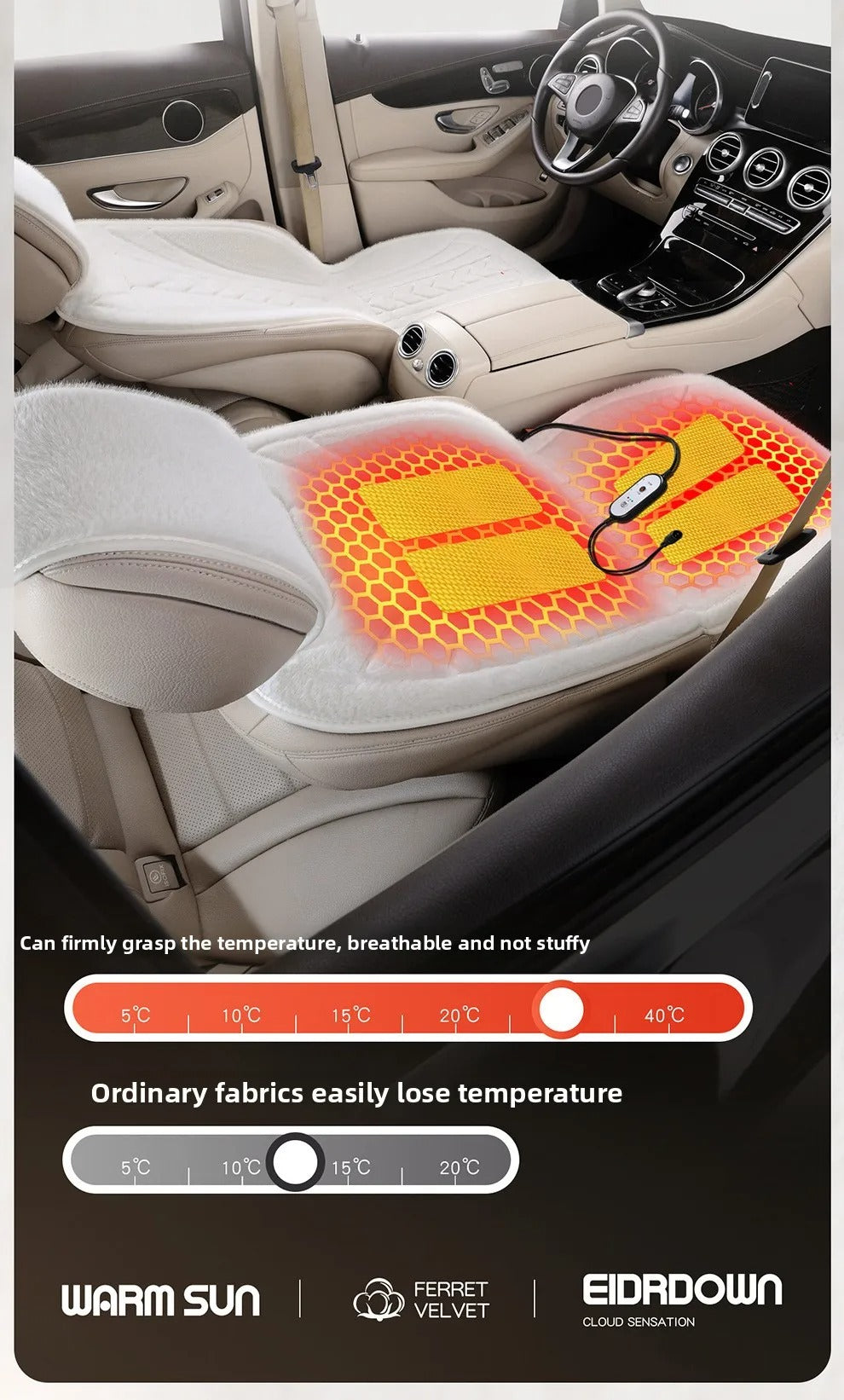 Universal 12V/24V Heated Car Seat Cushion – Plush Electric Heated Seat Cover with Cigarette Lighter for Winter - Delicate Leather