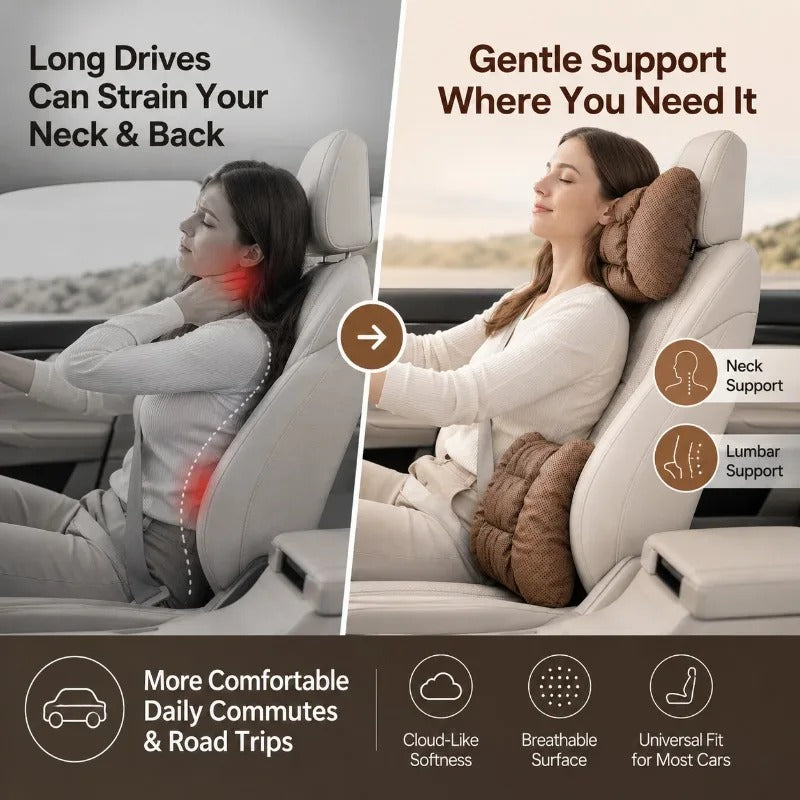 Universal Car Neck Pillow & Seat Cushion Set – Breathable Faux Leather Headrest and Backrest Cushions - Delicate Leather
