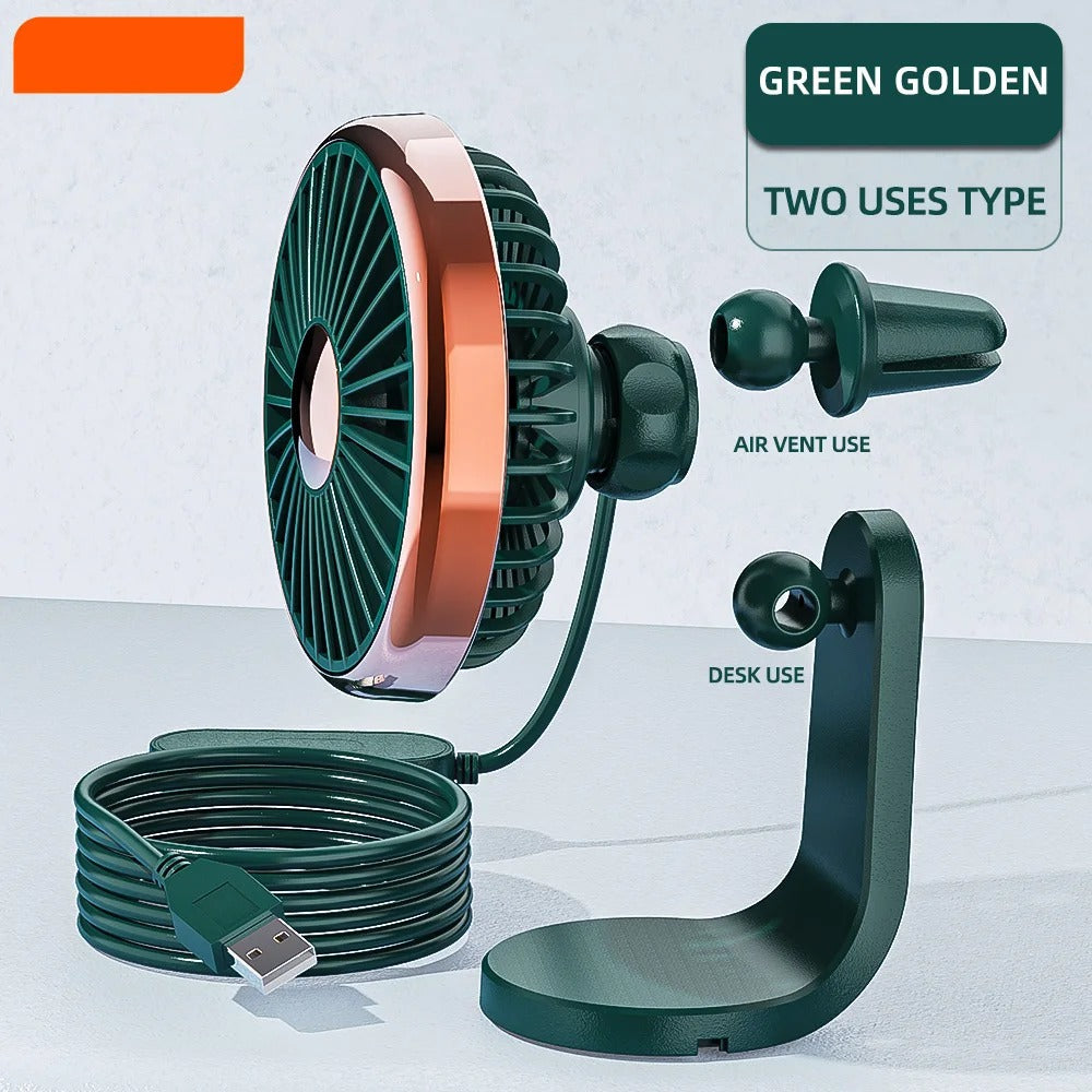 12–24V Mini Car Air Outlet Fan with LED Lighting – USB Powered, 360° Rotating, 3-Speed Cooling Fan for Car, Office & Home Use - Delicate Leather  