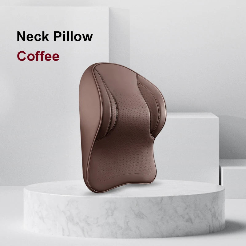 Memory Foam Car Neck Pillow & Lumbar Support Set – Breathable Seat Comfort Cushion - Delicate Leather  