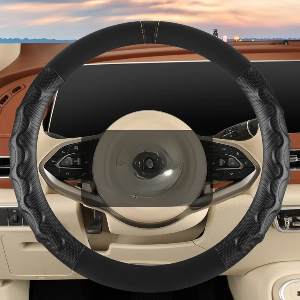 Universal 38cm Steering Wheel Cover – All-Season Non-Slip Faux Leather with 3D Corrugated Grip, Wear-Resistant Car Handle Cover - Delicate Leather  