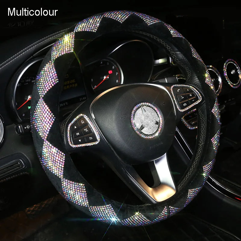 Crystal Rhinestone Steering Wheel Cover – Decorative Anti-Slip Universal Grip - Delicate Leather  