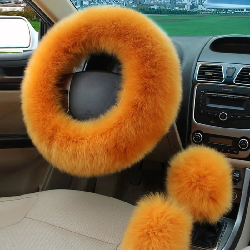 Winter Plush Steering Wheel Cover Set – Fluffy Fleece Warm Non-Slip Handle Cover, Universal Fit - Delicate Leather  