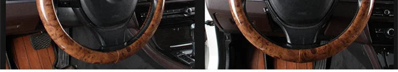 Wood Grain Steering Wheel Cover – PU Leather Anti-Slip Breathable 38cm Universal Fit - Delicate Leather  