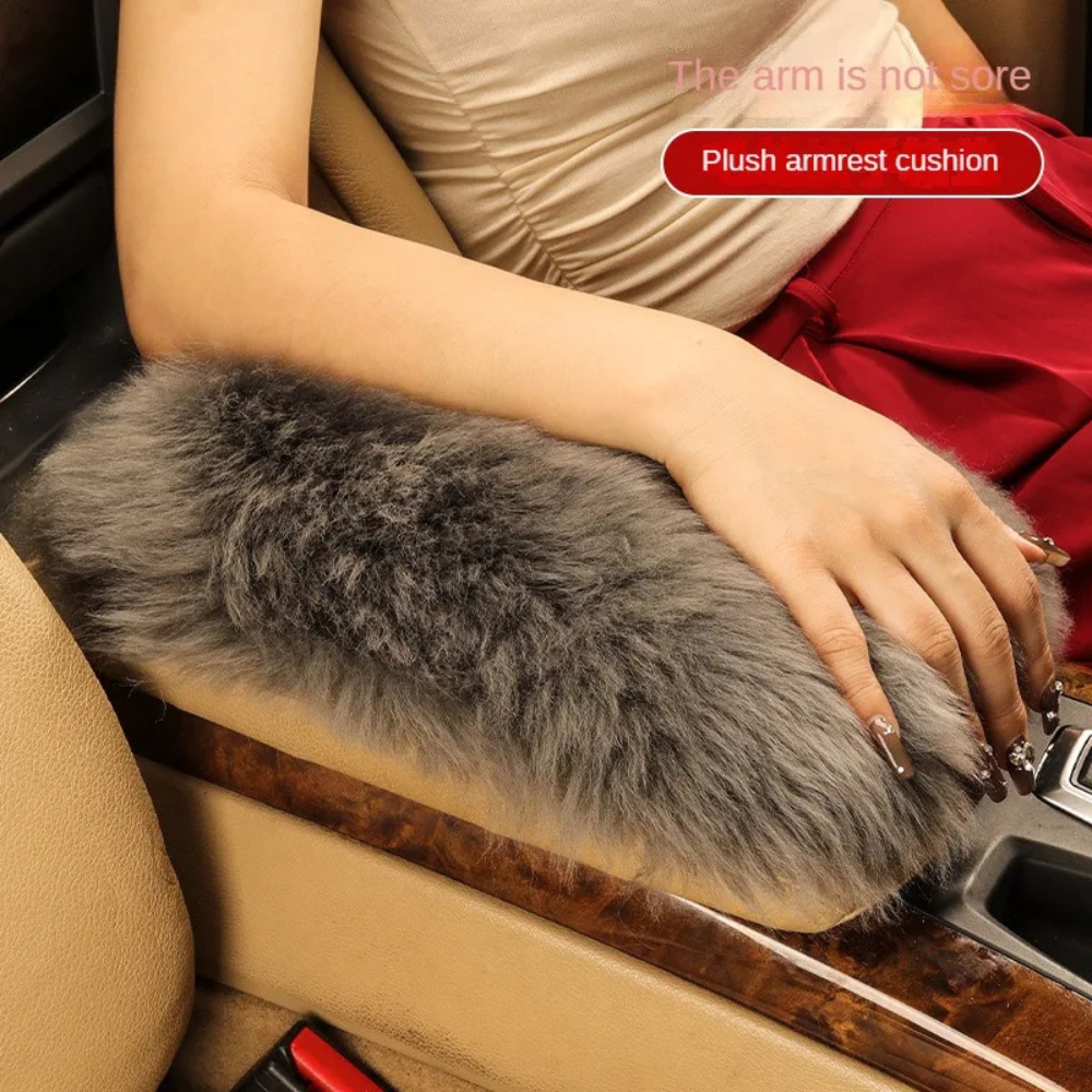 Pure Wool Car Armrest Cushion – Winter Plush Center Console Armrest Pad for Comfortable Driving - Delicate Leather  