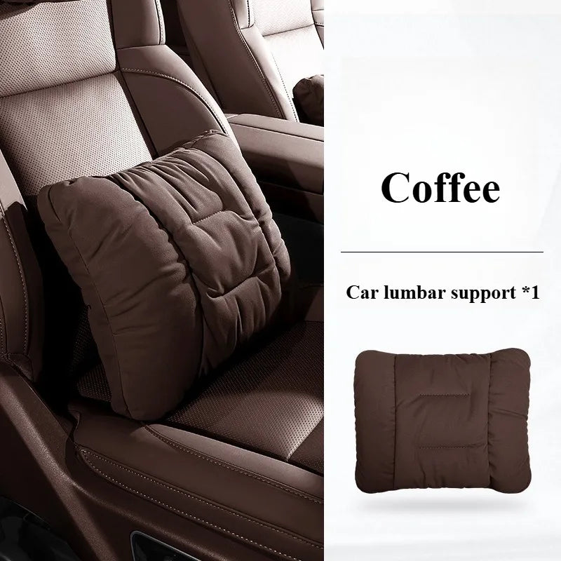 Suede Leather Car Headrest & Lumbar Support Pillow Set – Comfortable Neck and Back Cushions - Delicate Leather  