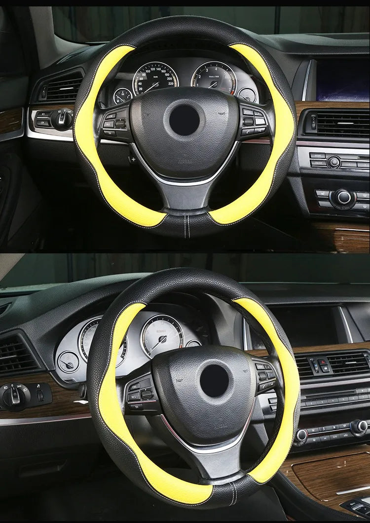 PU Leather Steering Wheel Cover – Anti-Slip 15 Inch Universal Round Interior Accessory - Delicate Leather  