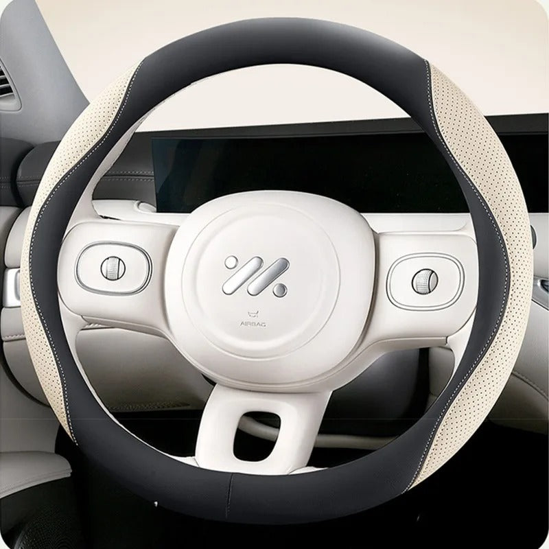PU Leather & Mesh Car Steering Wheel Cover – Comfortable, Breathable, All-Season Grip - Delicate Leather  