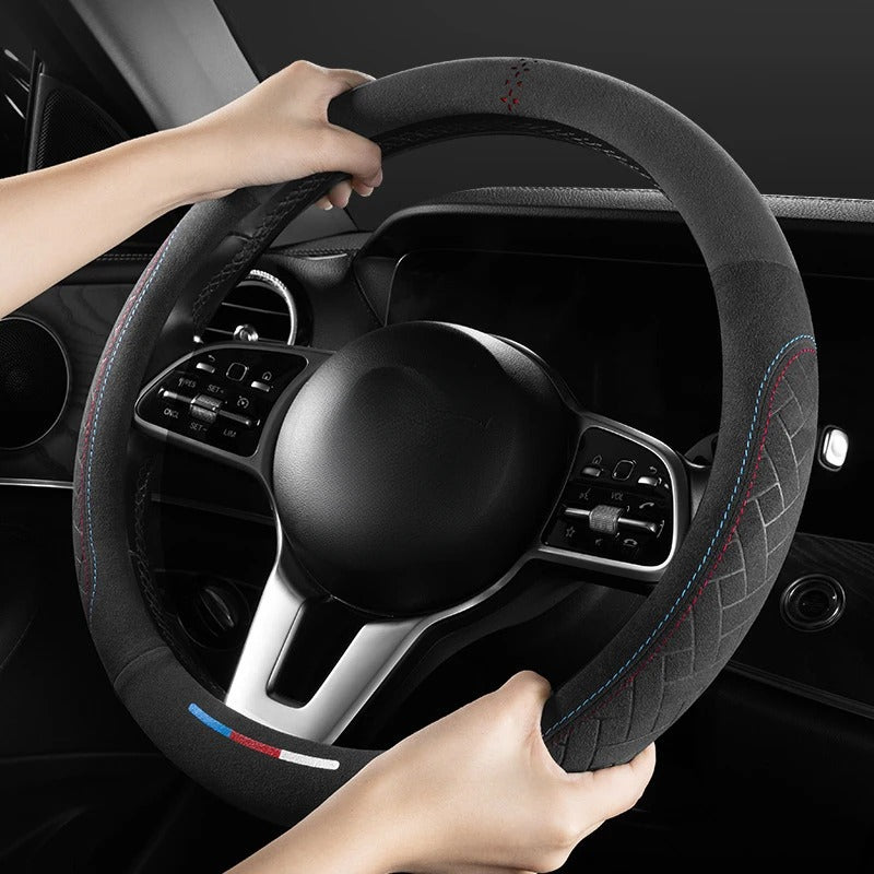 Suede Leather Steering Wheel Cover – 38cm Universal Non-Slip Grip for Cars and SUVs - Delicate Leather  
