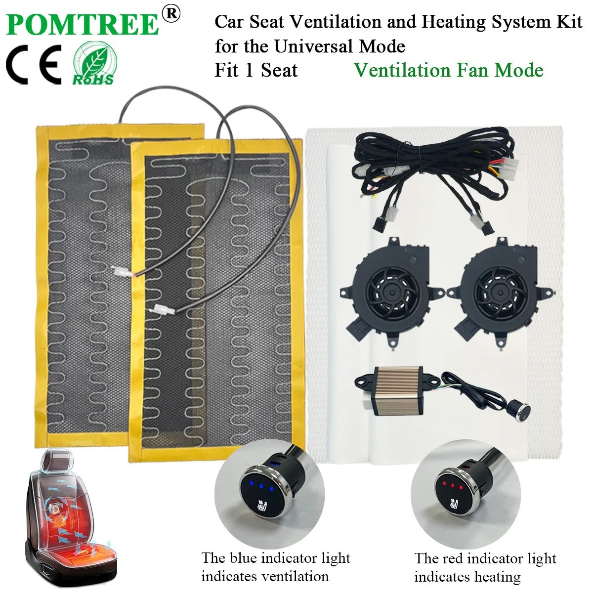 Universal 12V Car Seat Cooling & Heating Kit for 1 Seat – 2 Heating Pads, Ventilation Fans & 3-Level Switch - Delicate Leather