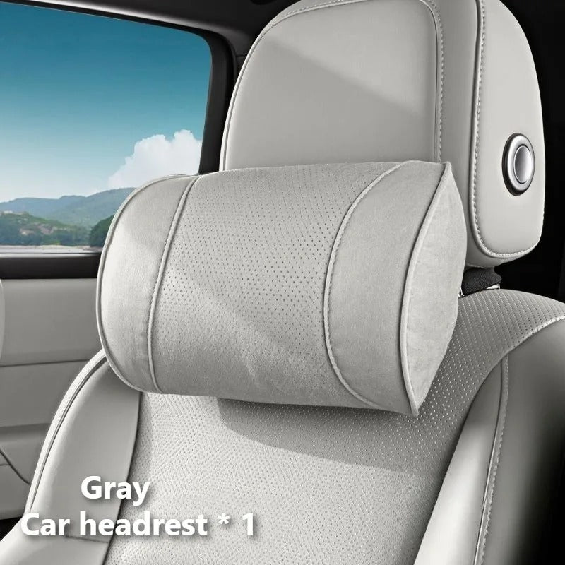 Premium Suede Car Neck & Lumbar Support Pillow Set – Universal Headrest and Waist Cushion for Cars, SUVs & Trucks - Delicate Leather