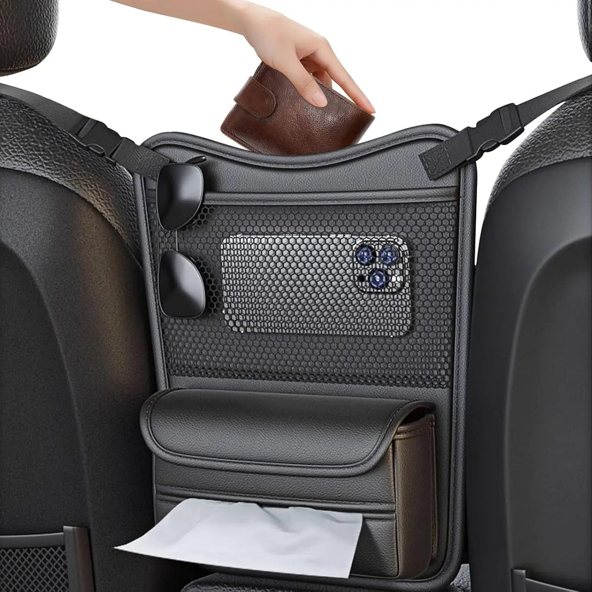 Car Net Pocket Organizer – Handbag & Purse Holder Between Seats - Delicate Leather