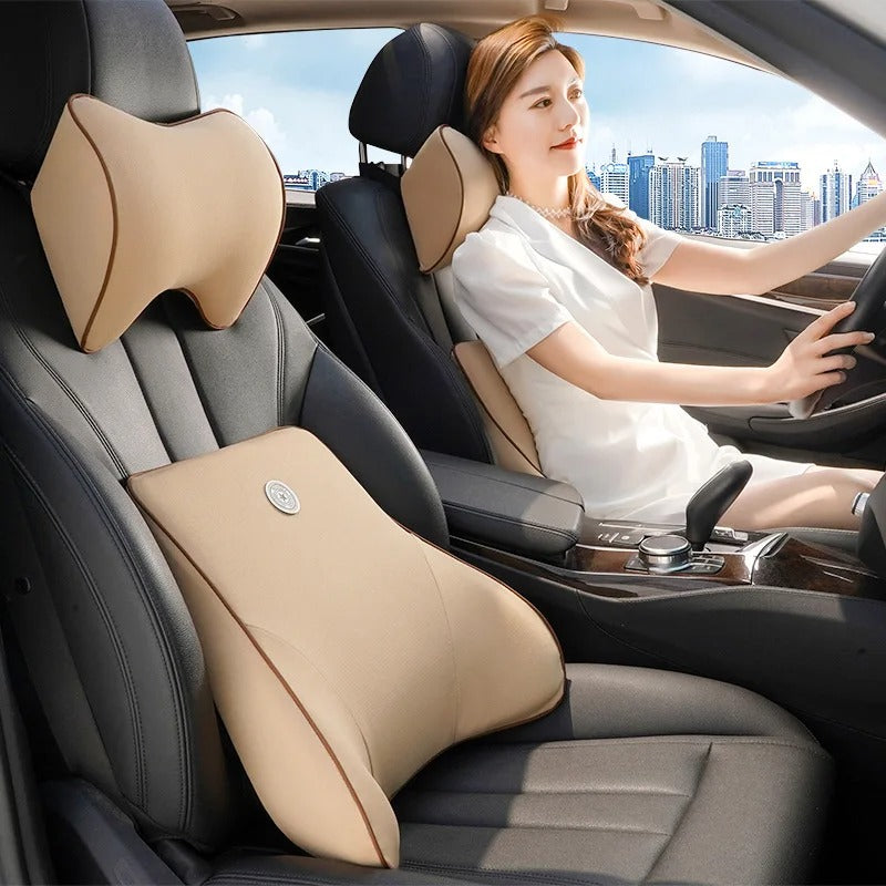 Memory Foam Car Neck & Lumbar Support Cushion – Soft Washable Seat Pillow Set - Delicate Leather