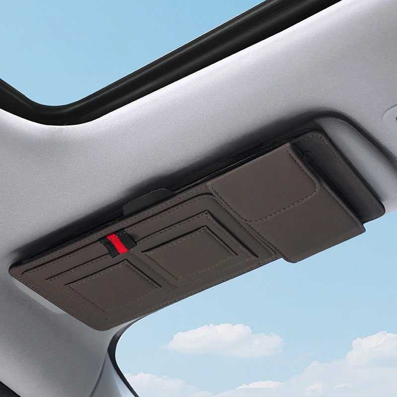 Leather Car Sun Visor Organizer – Universal Sunglasses Holder with Card & Pen Storage - Delicate Leather