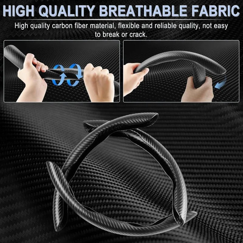3PCS Carbon Fiber Texture Steering Wheel Cover Set – Anti-Slip Universal 38cm Fit - Delicate Leather  