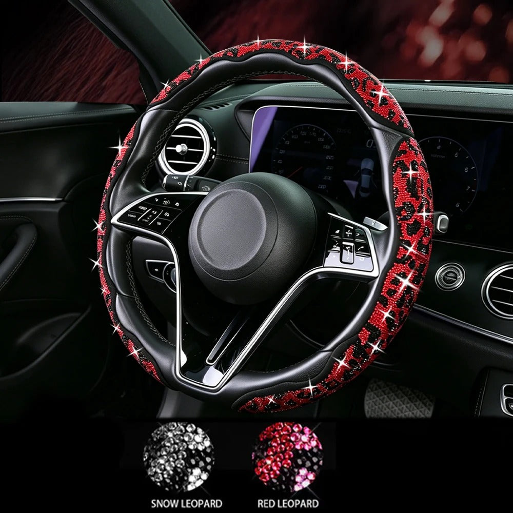 Leopard Print Diamond Steering Wheel Cover – Luxury Sparkling Universal Interior Accessory - Delicate Leather  