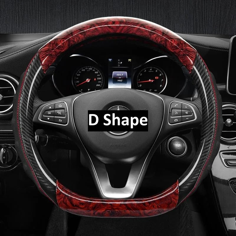 Wood Grain PU Leather Steering Wheel Cover – Universal 37–38cm Anti-Slip All-Season Grip - Delicate Leather