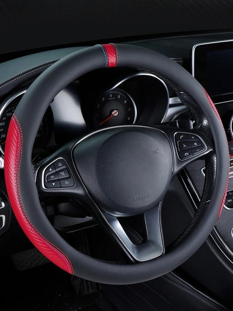 Carbon Fiber Microfiber Leather Steering Wheel Cover – Universal 37–38CM O/D Shape Non-Slip Grip - Delicate Leather