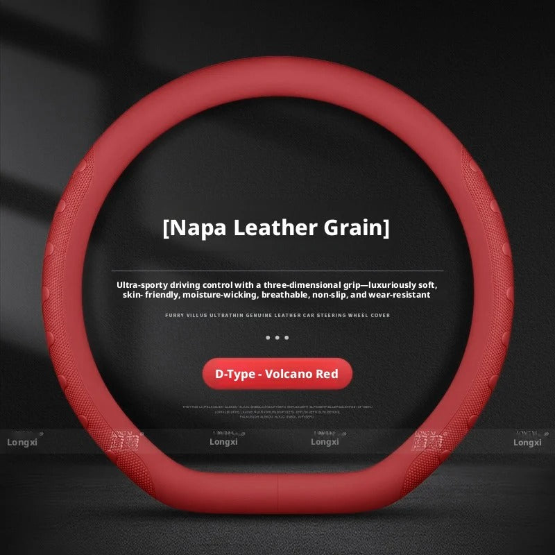 Nappa Leather Steering Wheel Cover – Universal Round & D-Shape Anti-Slip All-Season Grip - Delicate Leather  