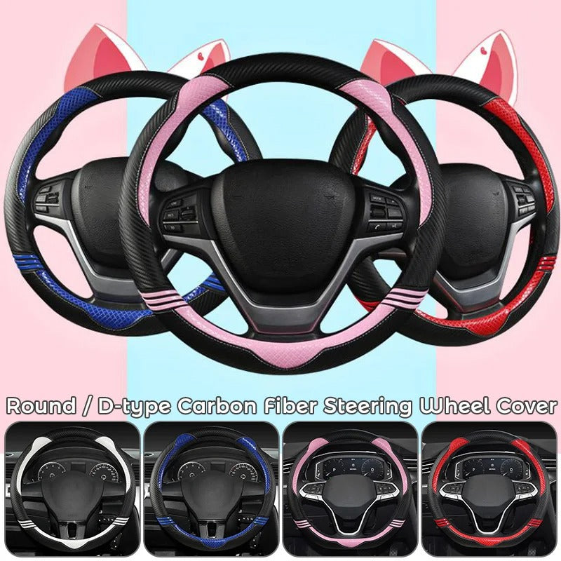 Cute Cat Ear Steering Wheel Cover – Soft Carbon Fiber Pattern, Anti-Slip O/D-Shape Universal 38cm Car Accessory for All Seasons - Delicate Leather  