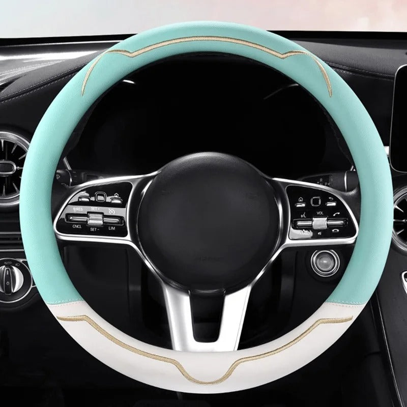 Universal Steering Wheel Cover – Pink and White, 15-Inch Anti-Slip Design - Delicate Leather  