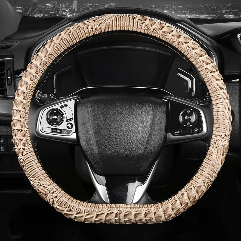 Crocodile-Texture Leather Steering Wheel Cover – Anti-Slip, Universal 14.5–15 Inch (37–38cm)