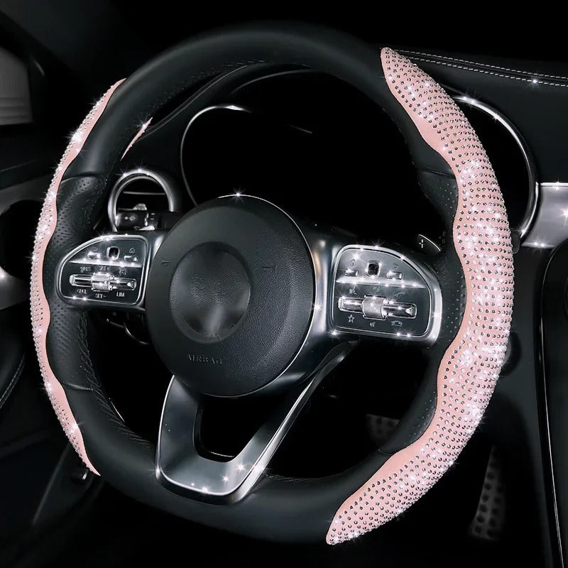 Diamond Accent Steering Wheel Cover – Universal Anti-Slip All-Season Interior Accessory - Delicate Leather  